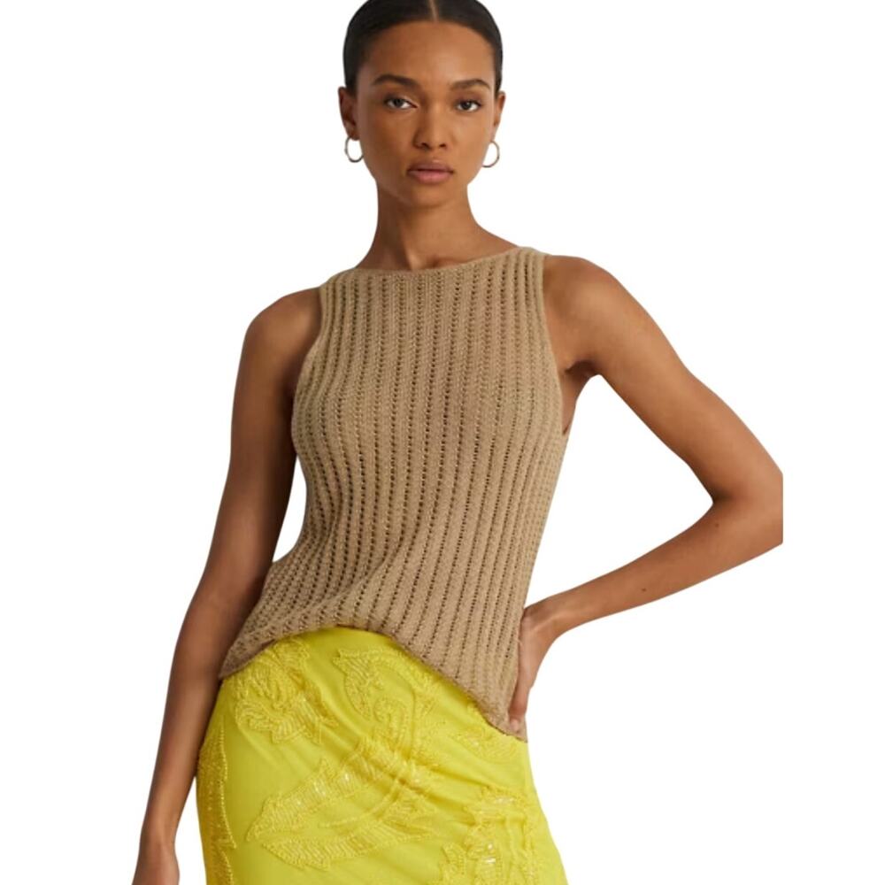 Ralph Lauren Rib Knit Sleeveless Sweater Top Birch Tan S